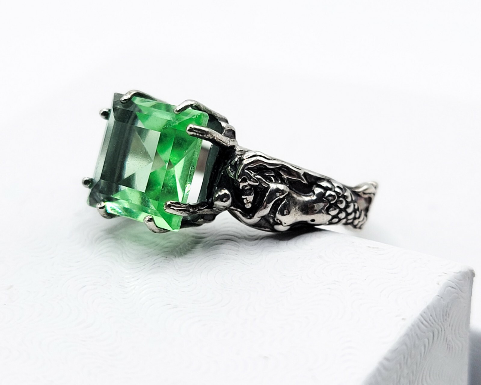Sterling Mermaid Uranium Glass Ring Square Princess Cut 925 Silver