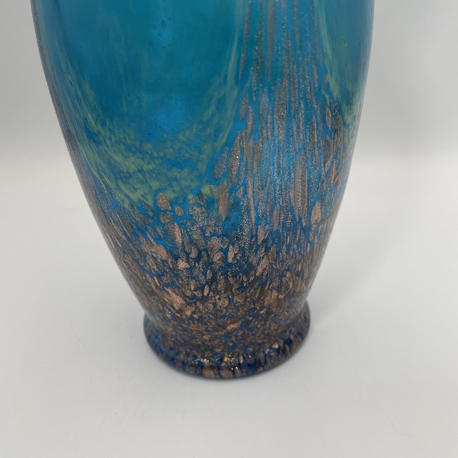 PIER 1 handled ART GLASS VASE Blue Green Aqua with metallic Copper 10 inch