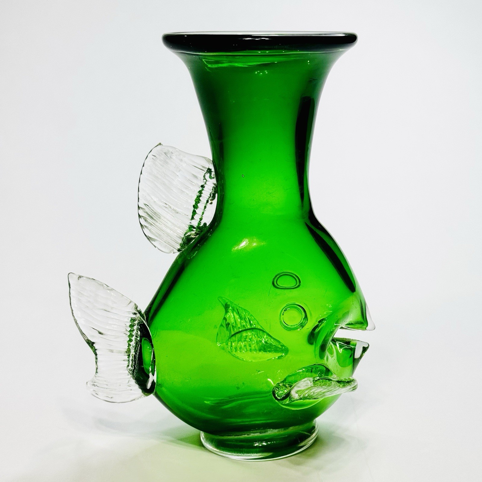 Vintage Signed Art Glass Fish Vase Emerald Green Blown MCM Style Applied Fins