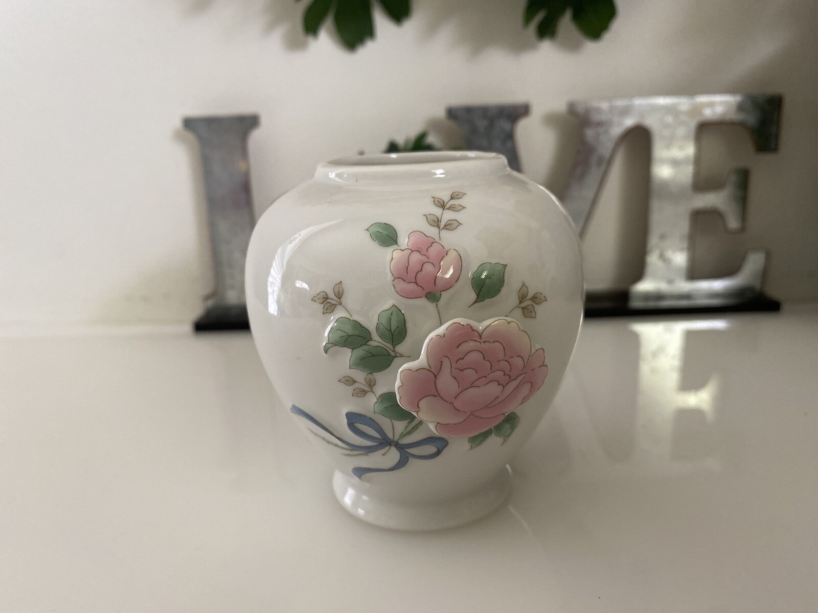 Vintage Japan Mini Vase 3D Raised Roses Porcelain Collectible White and Pink EUC