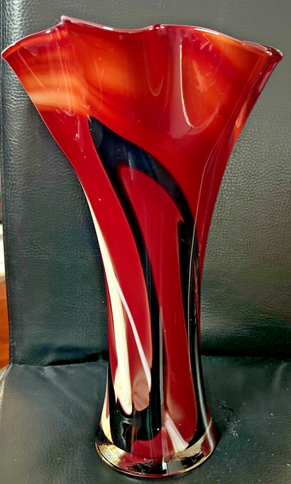 Huge Hand-Blown Large Glass Red and Black Vase 33 cm tall vintage
