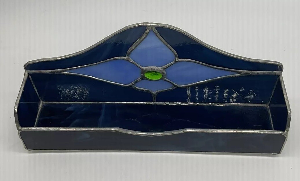 Stained Glass Blue Card Holder. Extra Long . Handmade, Vtg. Beautiful!