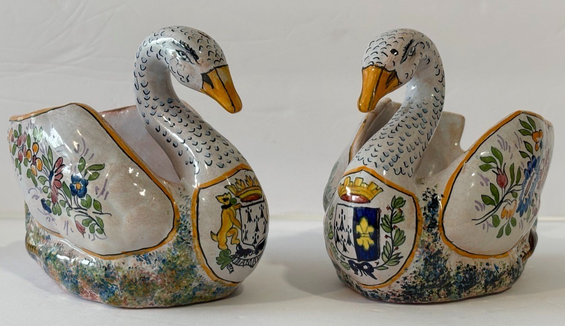 Antique Pair Malicorne Faience Swan Cachepots LD Leroy Dubois French Pottery