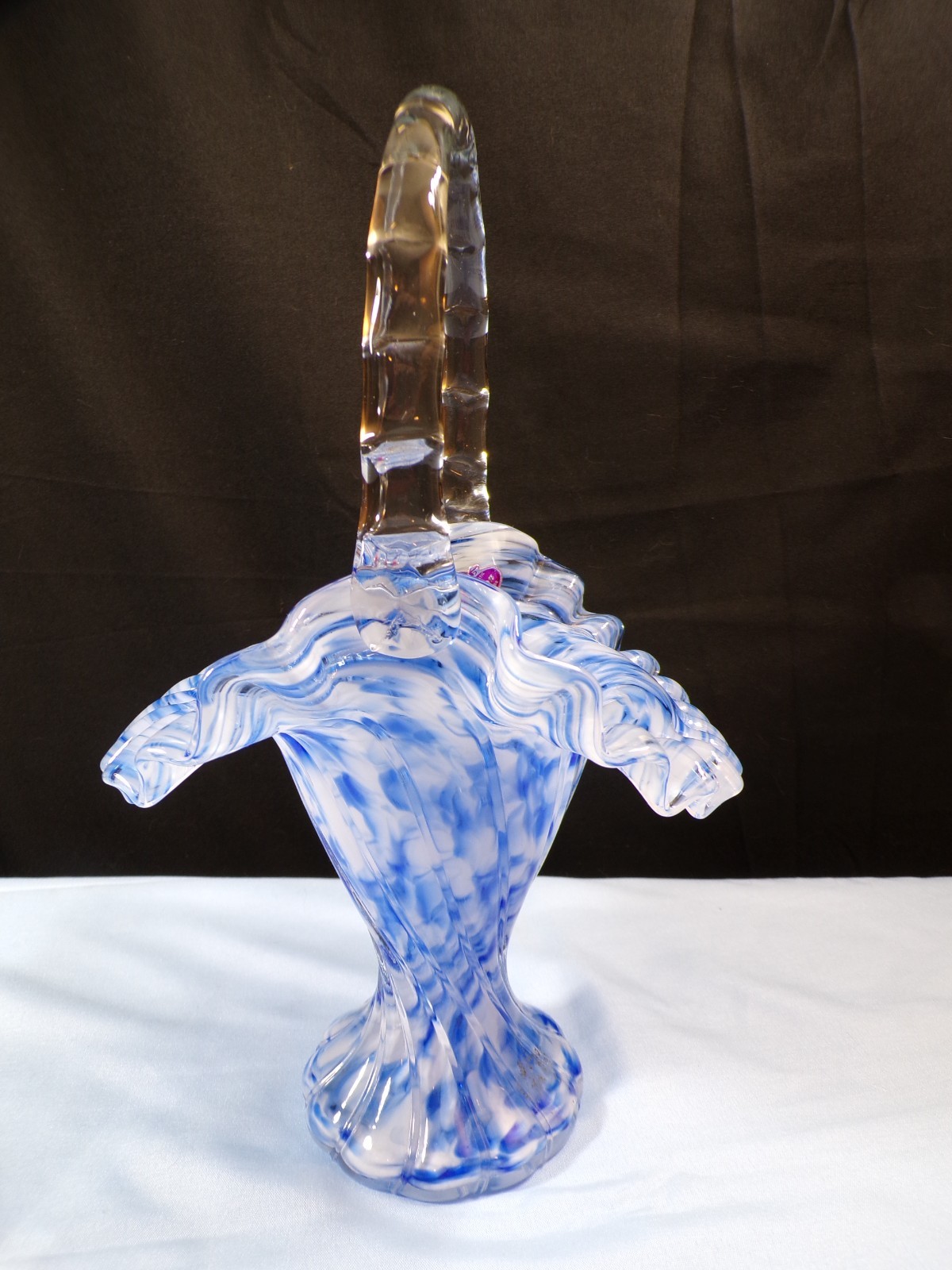 Fenton Vasa Murrhina Glass Blue Mist Basket – 10 3/4″ Tall