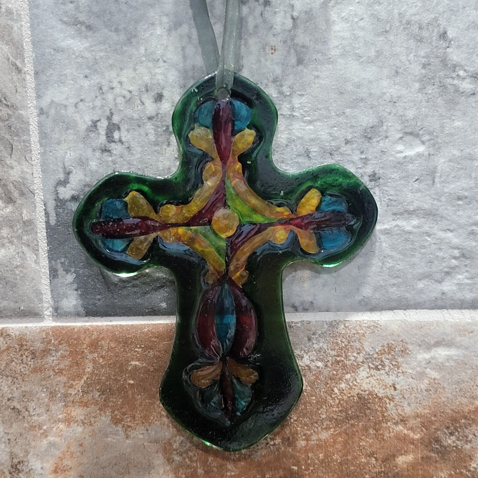 Handcrafted Fused Colored Glass Cross Ornament