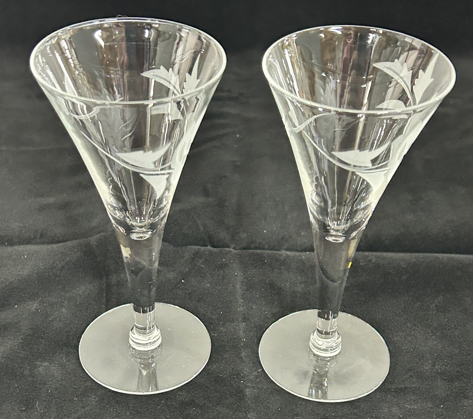 Pair Vintage Etched Clear Glass Champagne Flutes Cordial Glasses Floral Rose