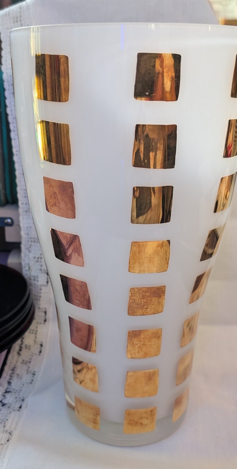 White Glass & Gold Squares Giraffe Mosaic Decor Vase Signed AN.IS Modernist