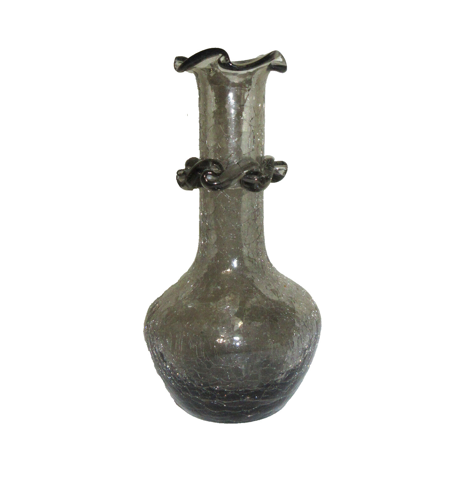 MCM Vase Crackle Glass Smoke Gray Rigoree Ruffled Rim 6.5″ Tall Pontil Mark Vtg