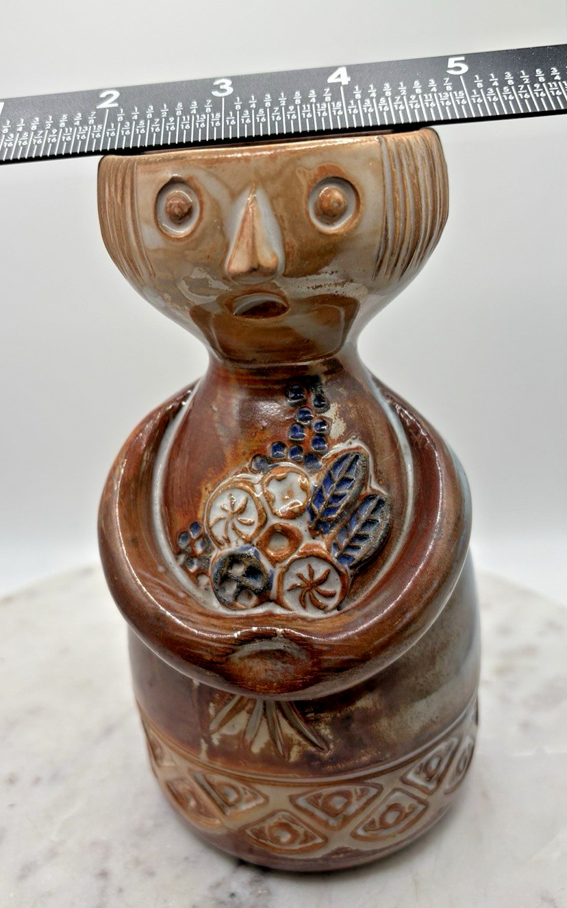 Vintage Vase Pottery With Face And Flowers La Maison du Potier 6.75″