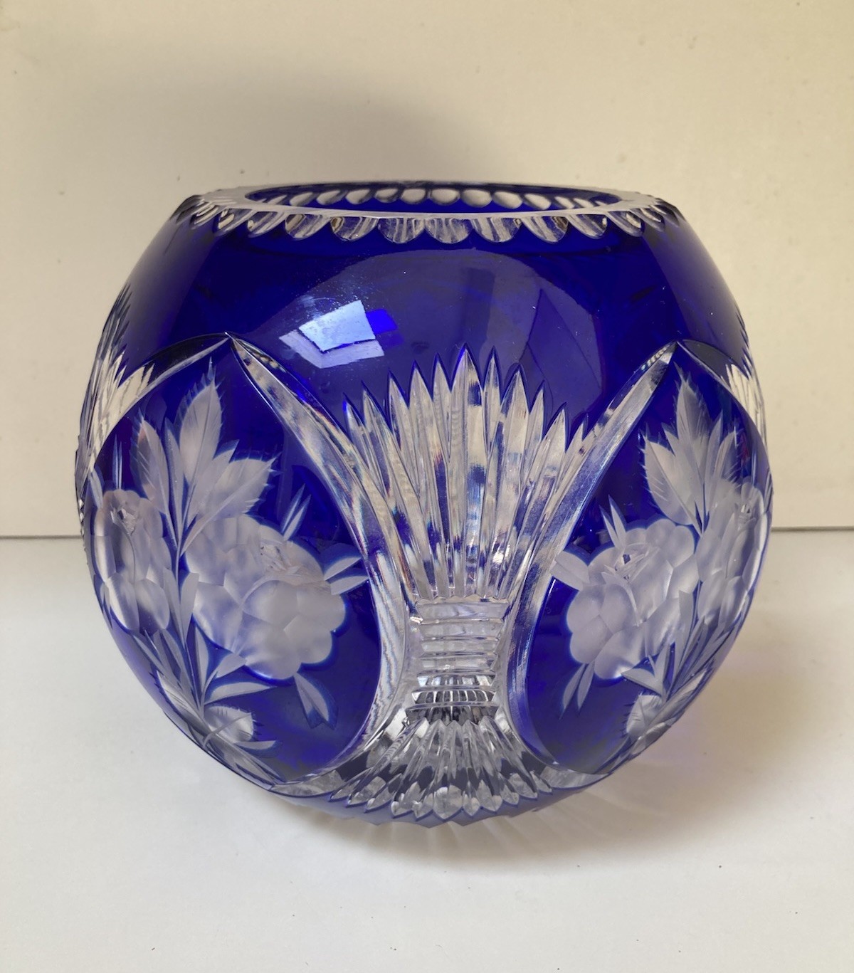 Vintage Bohemian Czech Cobalt Blue Cut to Clear Crystal Large Rose Bowl 7” Vase