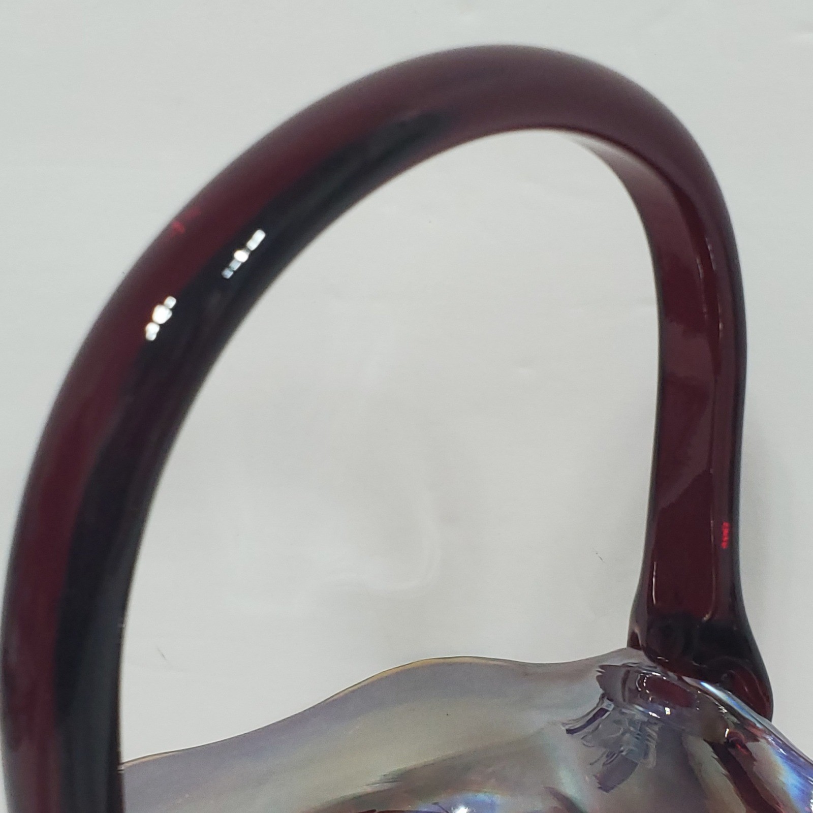 Vintage Carnival Glass Basket Amberina Red Iridescent Ruffled Starburst 10.5 in
