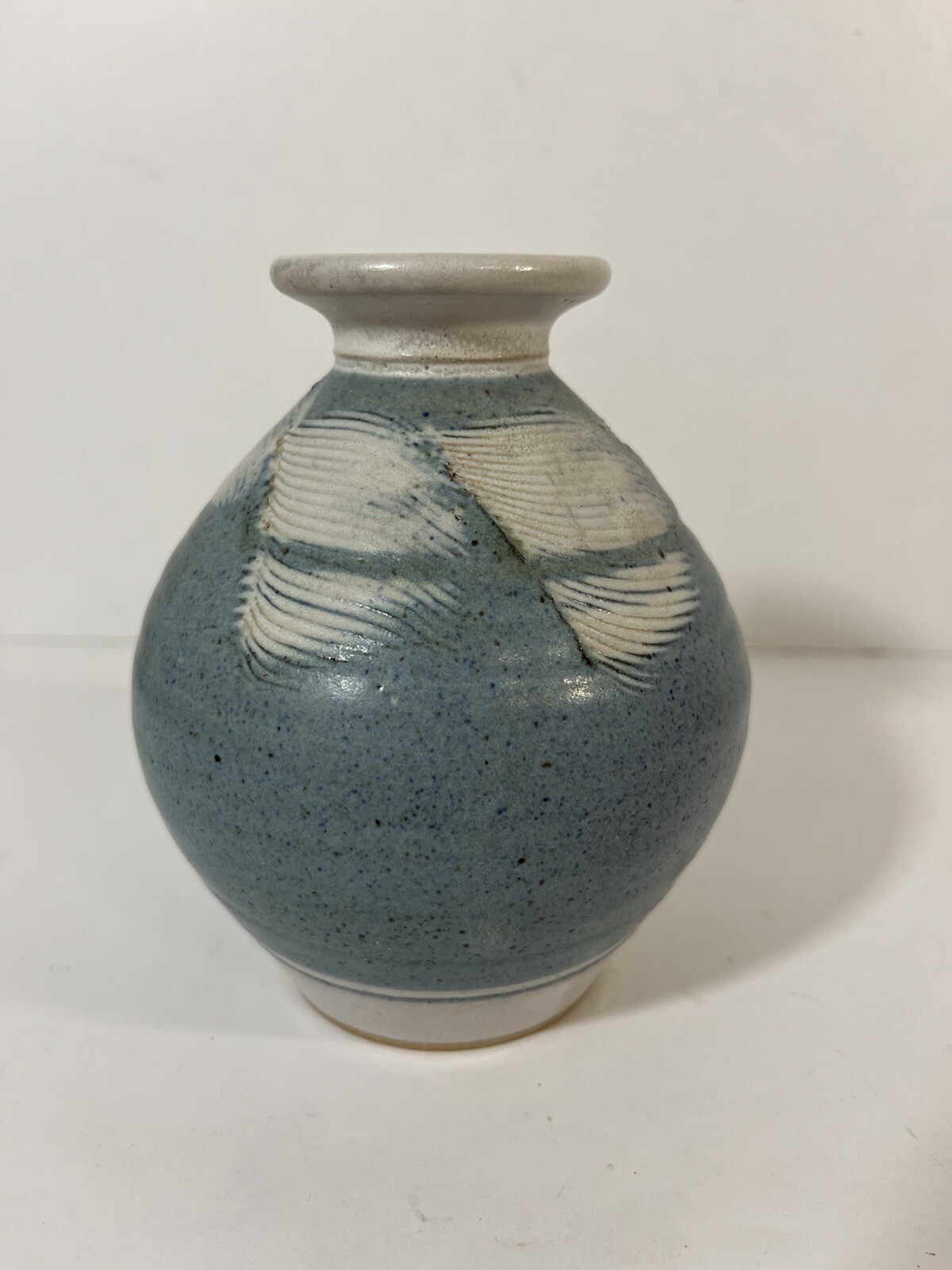 Art Pottery Vase Light Blue and White Speckled Stoneware Signed 4.75 Inch
