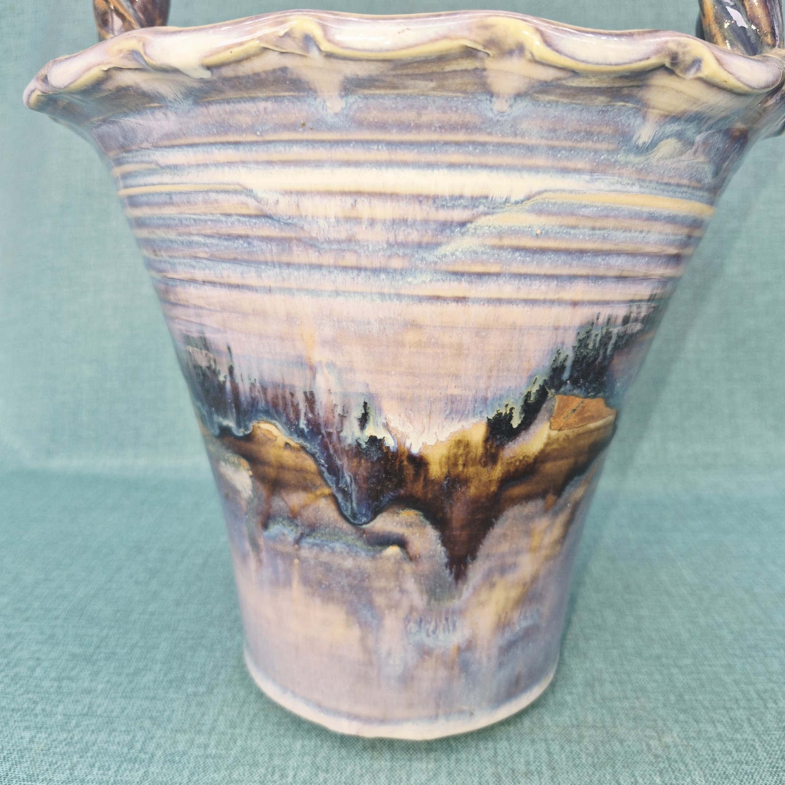Signed Glazed Studio Art Pottery Basket ~ Rich Blues and Browns ~ 14.5″ Tall