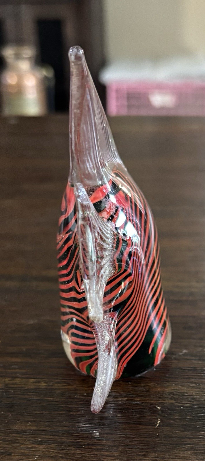 Art Glass Angel Fish Green and Orange Stripe Ribbon Design Paperweight