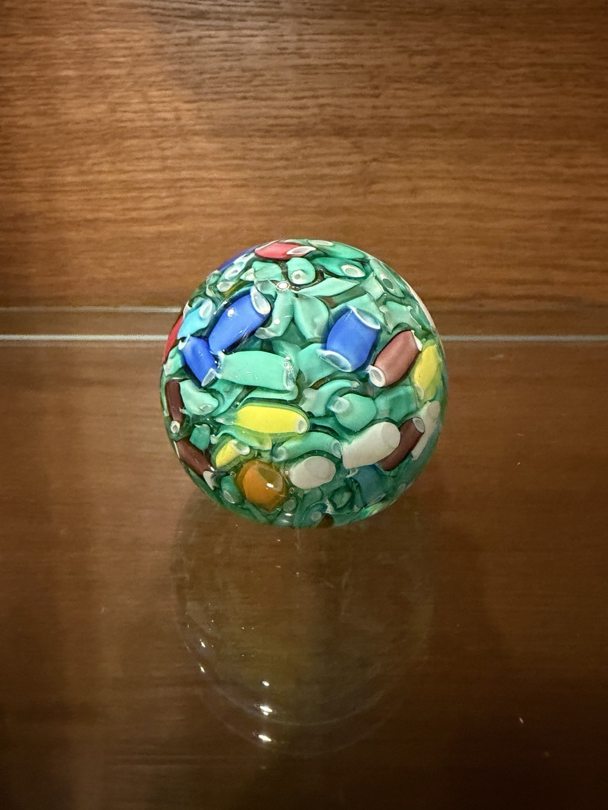 Blown Glass Paperweight Colorful Mosaic Inclusions Round Art Sphere