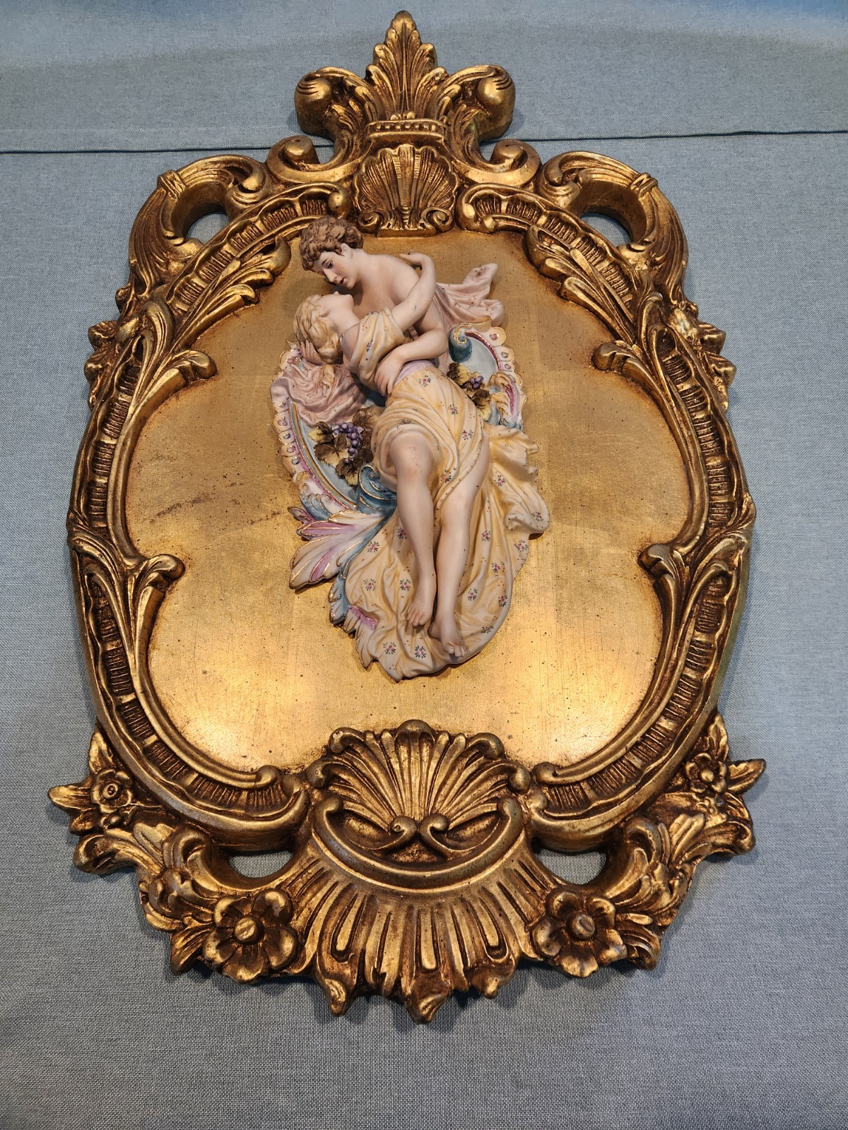 Antique Wall Plaque Pair of Lovers Figural Porcelain Bisque Figurine Couple