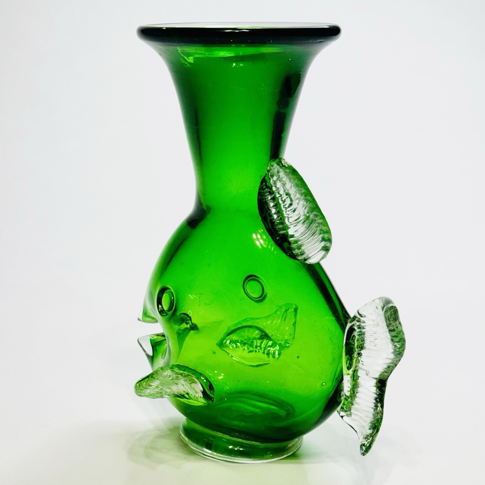 Vintage Signed Art Glass Fish Vase Emerald Green Blown MCM Style Applied Fins