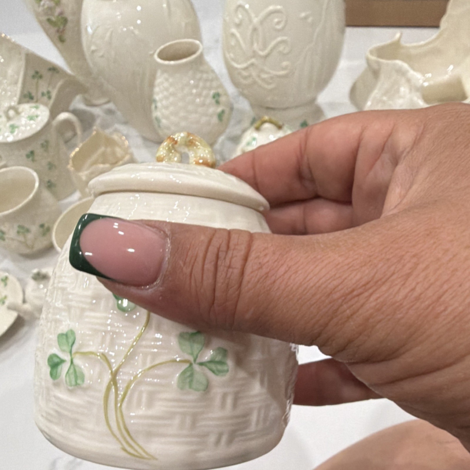 Belleek Ireland Shamrock Ceramic Vase White Green Glossy Finish Irish 1973 26 pi