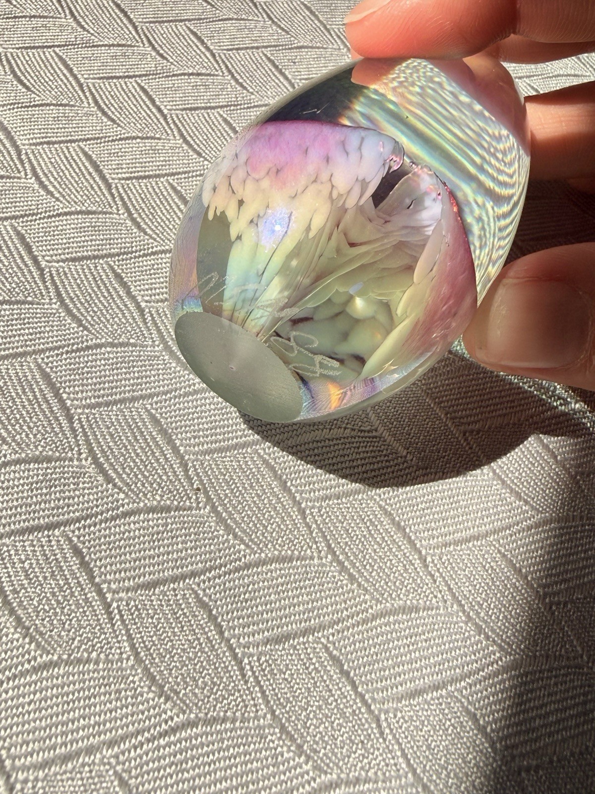 Mount St. Helens Iridescent Art Glass Egg Paperweight- 2.5in Height 1.5in Width