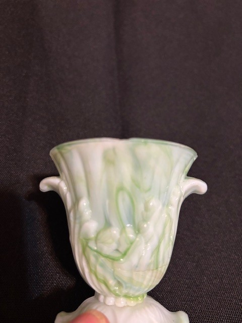 Vintage Akro Agate Green White Swirl Slag Glass Toothpick Holder Urn Vase