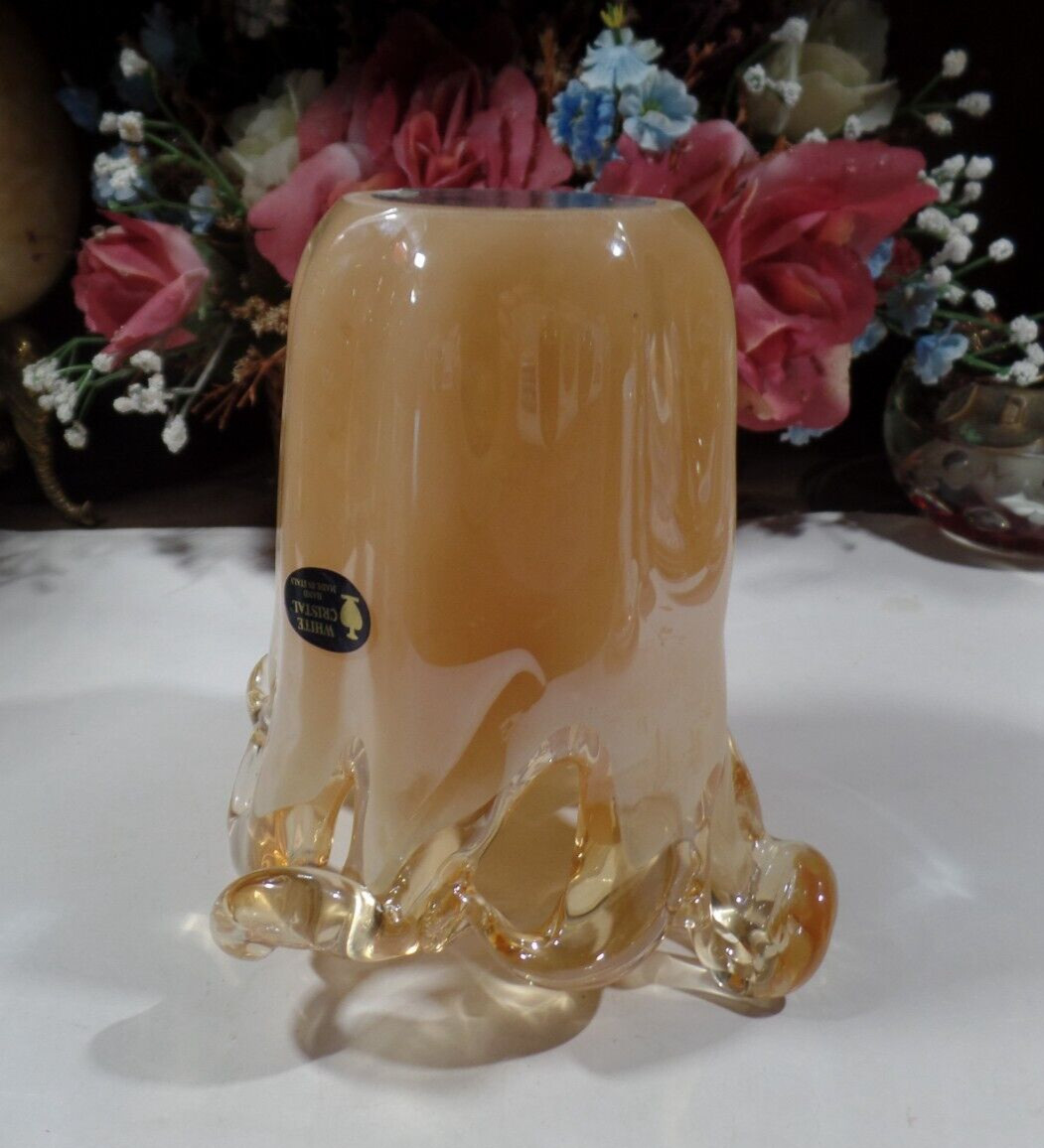 Murano Glass White Crystal Peach Stretched Looped Rim 5 1/2” High Vase Italy
