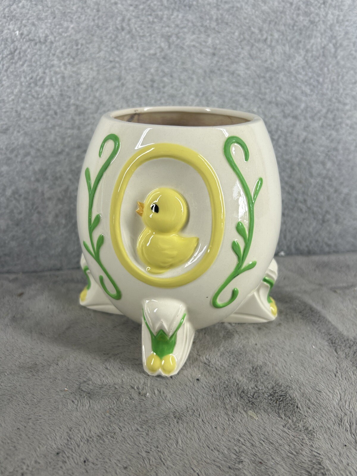 Ceramic Egg Duck Chick Easter Footed Planter Container Hand Painted Decor