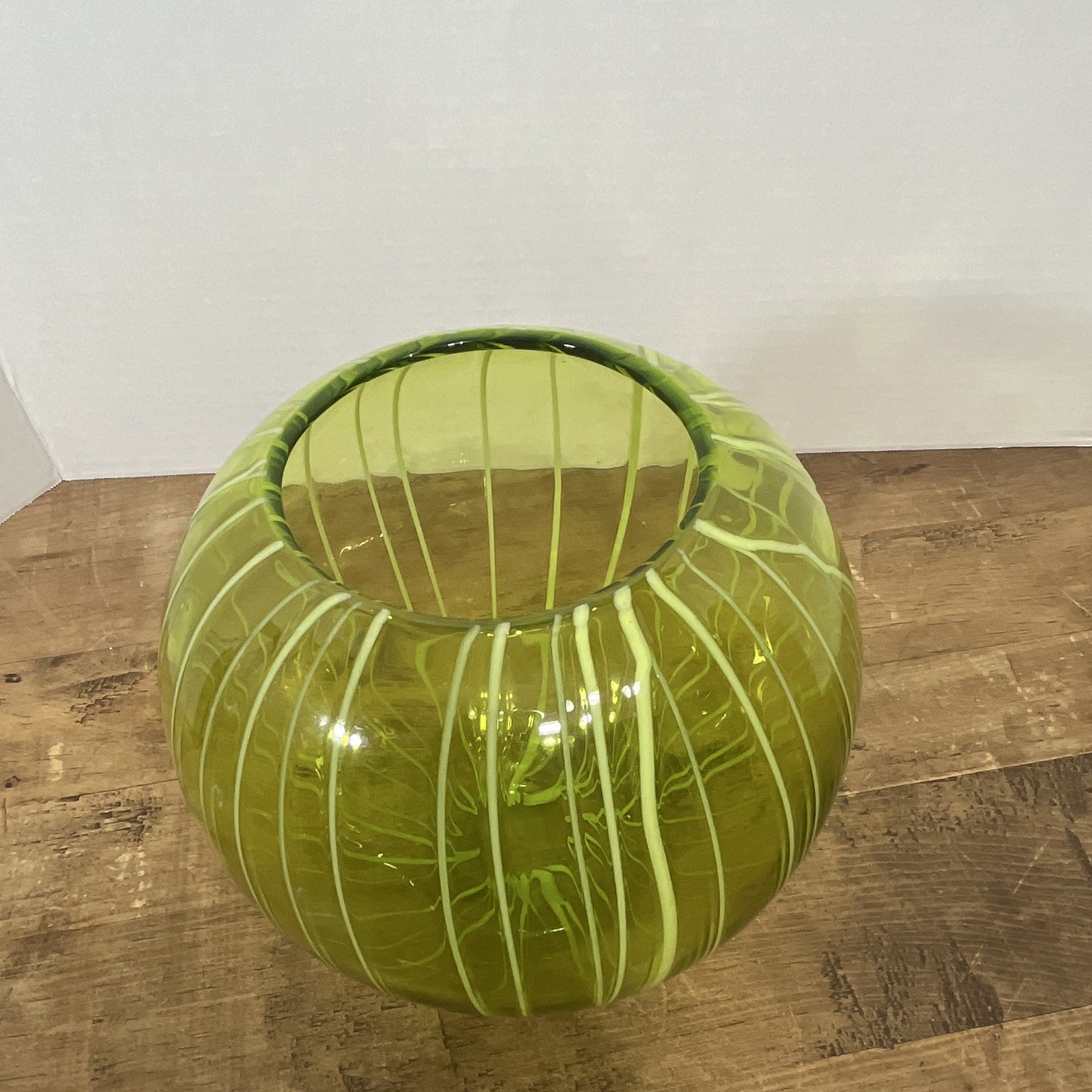 MCM Green Art Glass Orb Vase with Swirl Pattern