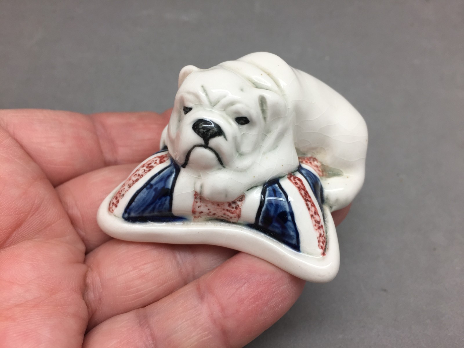 British Bulldog Union Jack Flag Pillow Signed Margaret Howard UK Figurine Mini