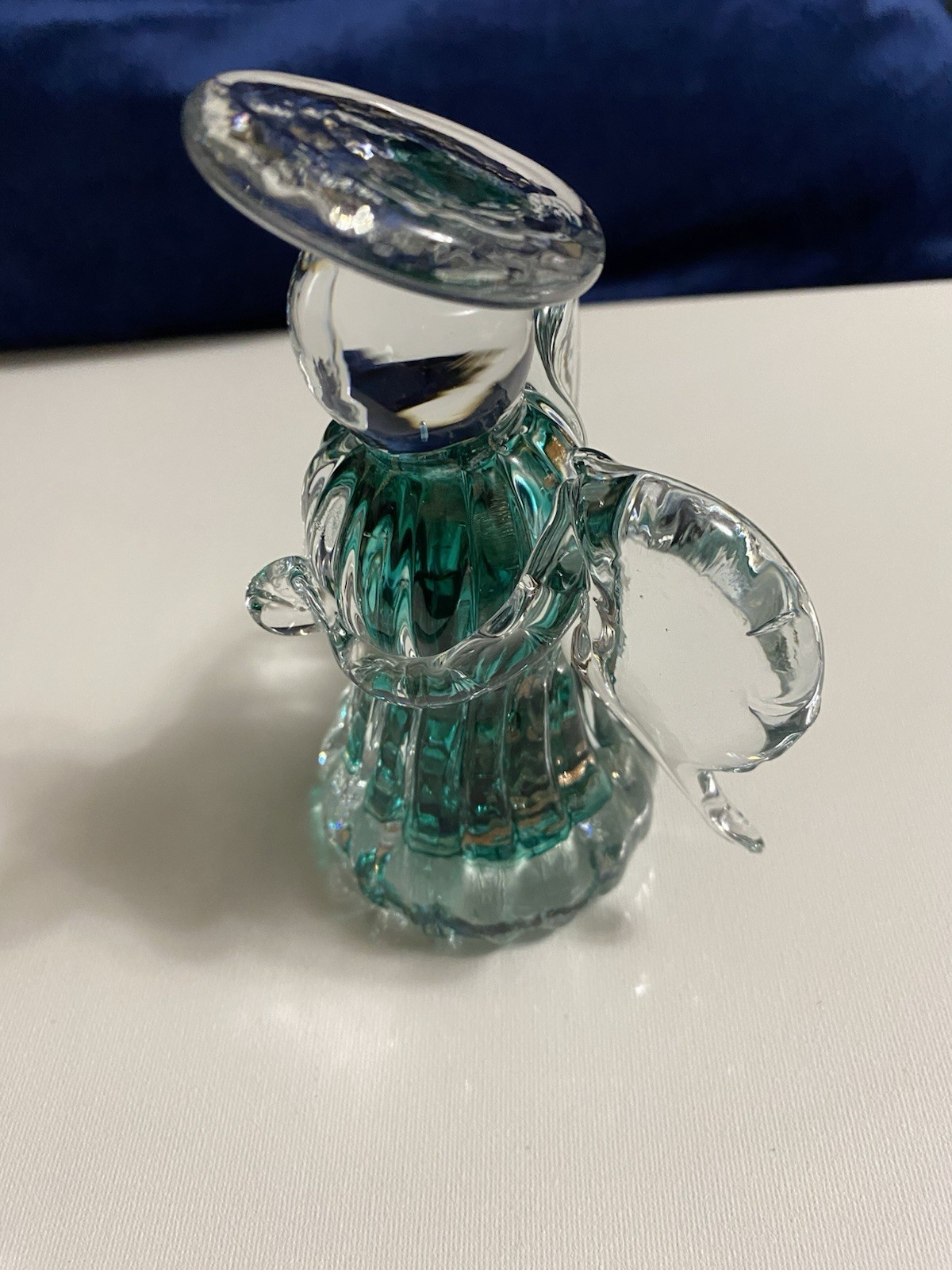 Crystal Clear Teal Gold Swirl Praying Angel Stamped 2011 6” Tall Blenko?