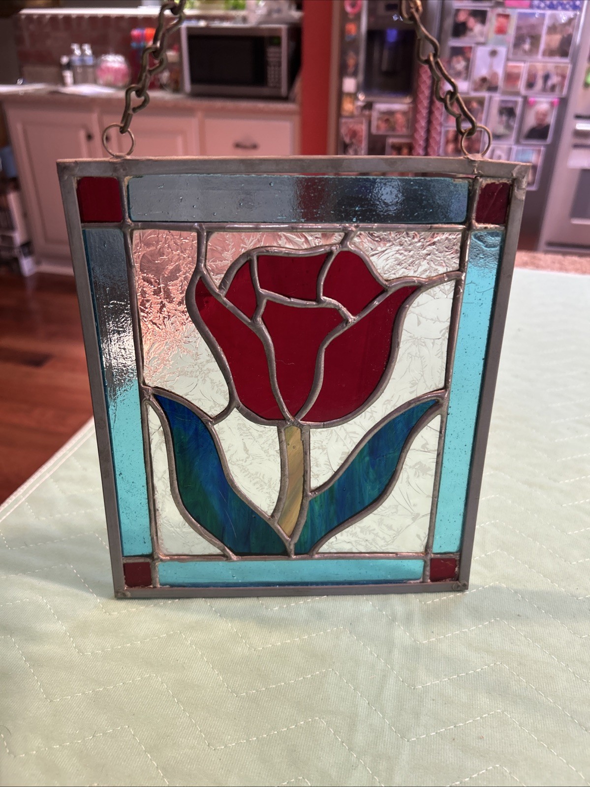 Vintage Red Rose w/ Blue & Textured Clear Stained Glass Window Hanging Chains