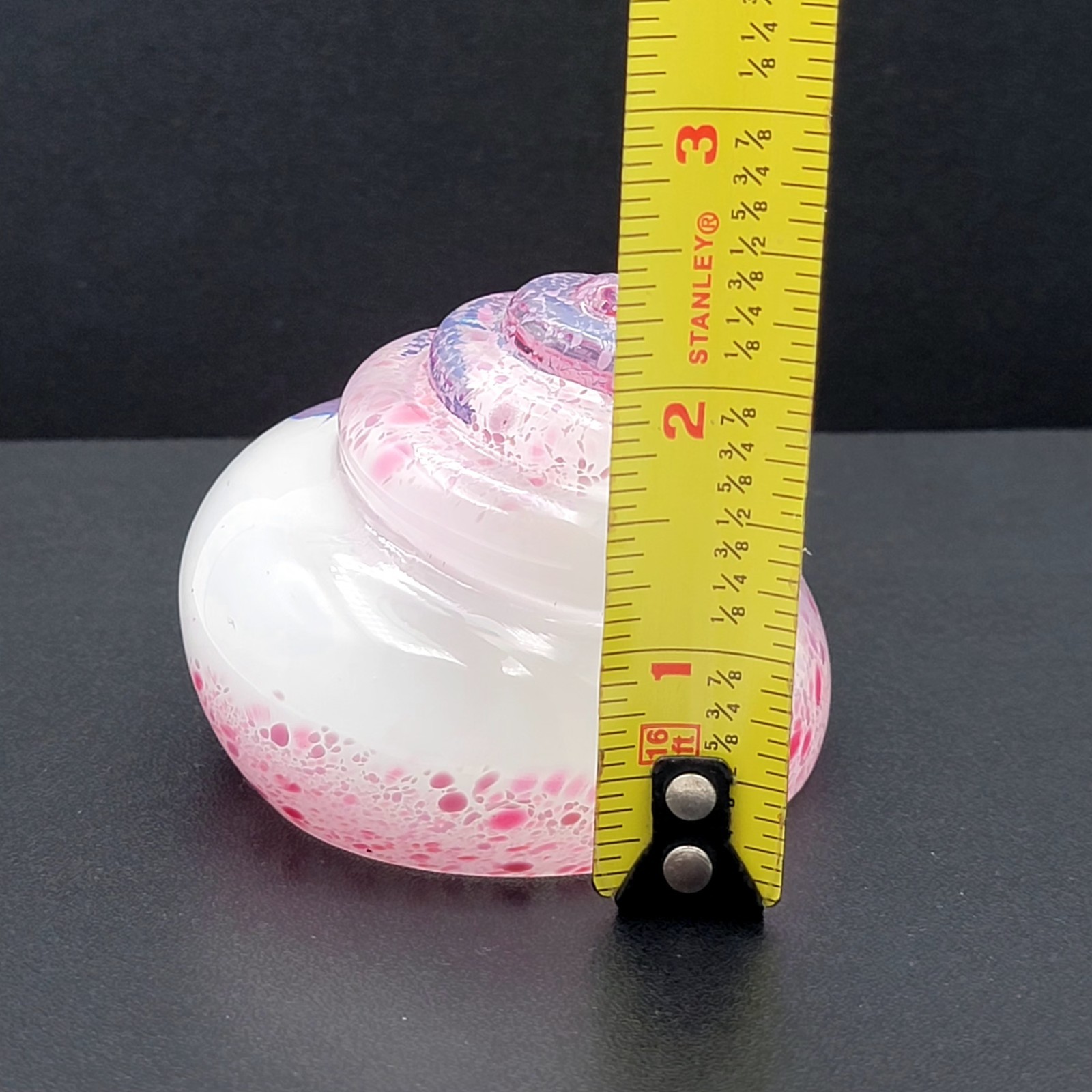 Art Glass White Mould Blown Cut Glass Pink Spatter 1980’s Small Paperweight 2.5″