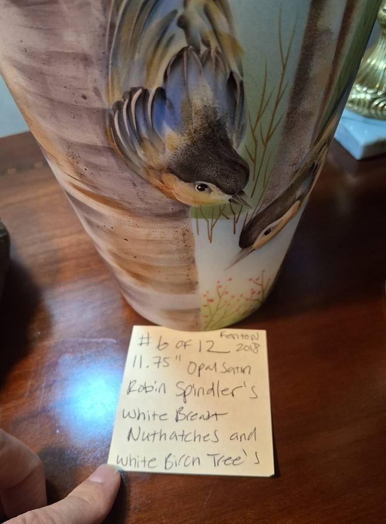 Fenton RARE 11.75″ Robin Spindler’s White Breast Nuthatches and White Birch Tree