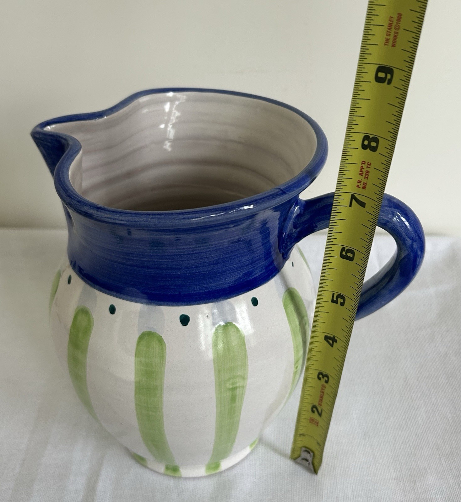 Italian Pottery Pitcher Blue Green Striped Country Fair Made In Italy