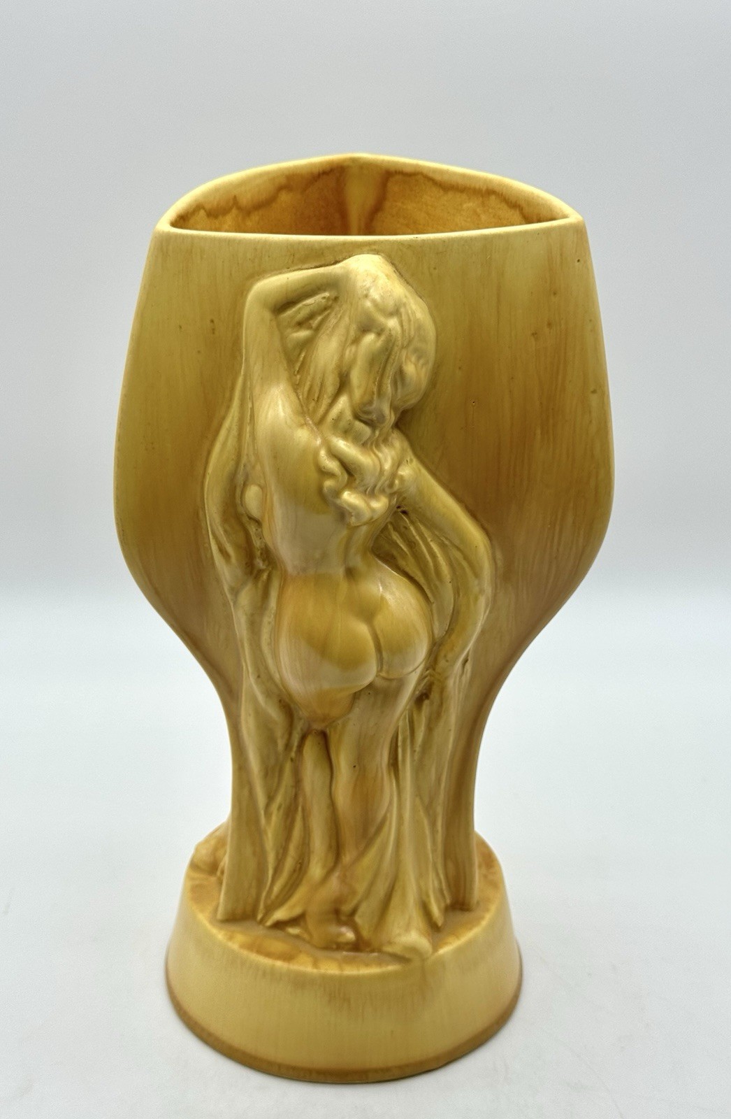 Vintage Yellow Studio Pottery Three Sides Nude Female Vase Signed 10”