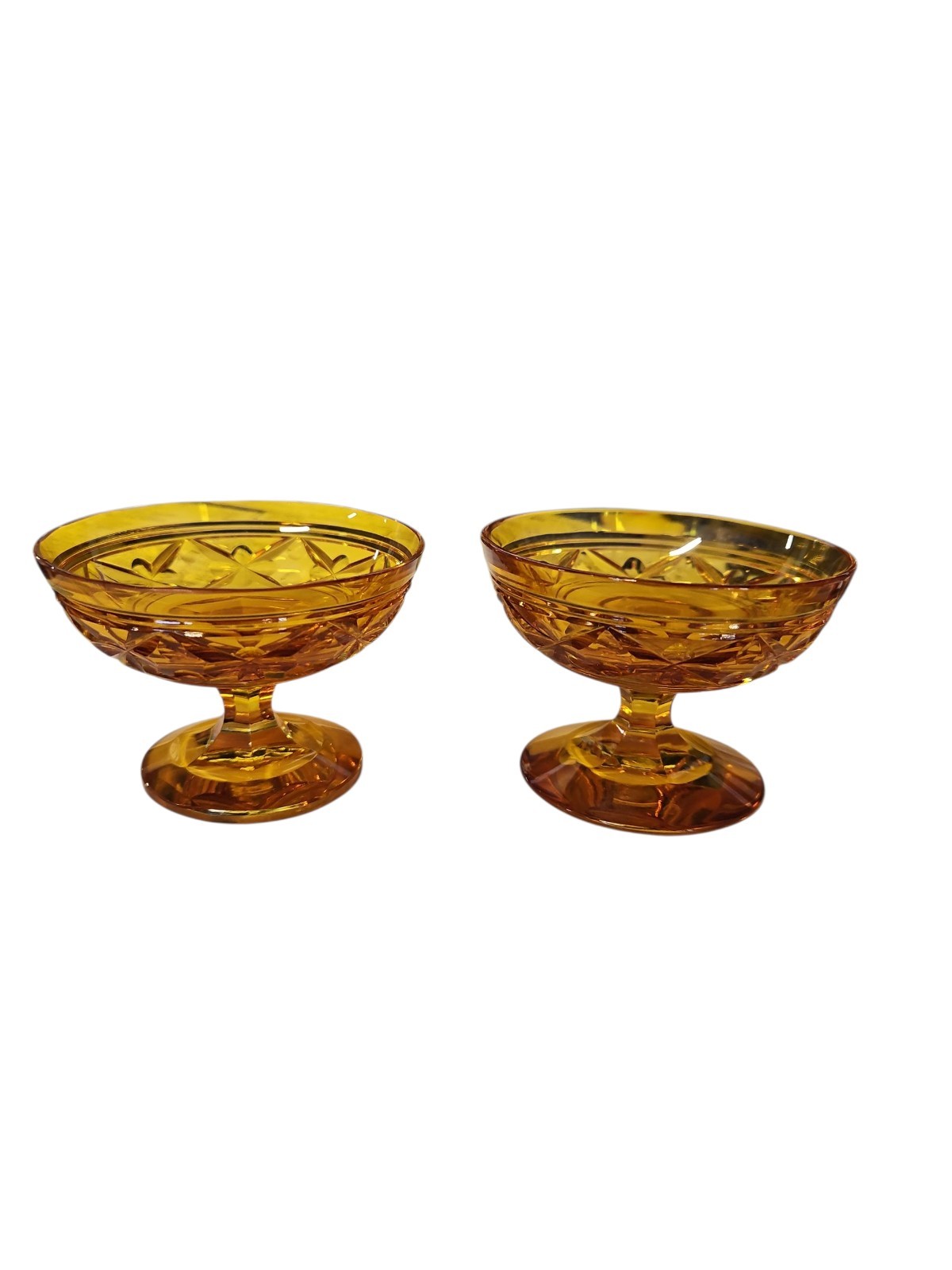 2 Val St Lambert Amber Cut Glass Footed 3″ Finger Bowls Cathedrale Napoleon