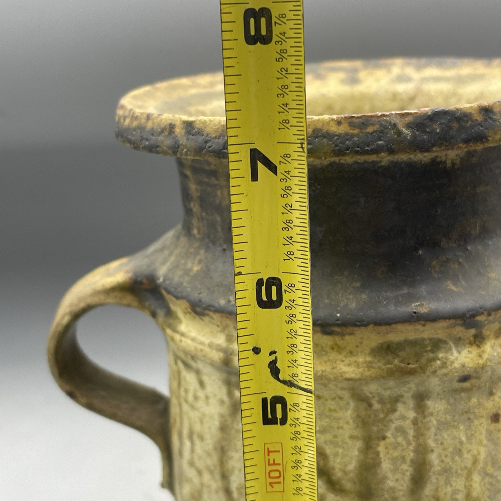 Midcentury Signed Ash Glaze Studio Pottery Vase W/ Handles 1964