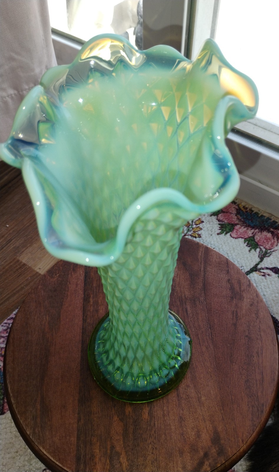 Vintage Northwood Diamond Point Green Opalescent Swung Vase