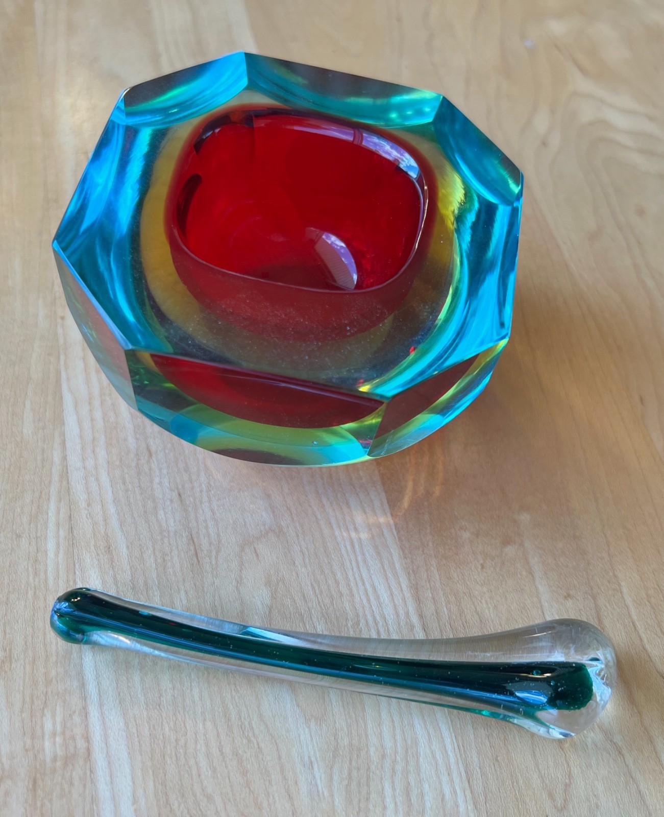 VINTAGE Faceted Red Murano Diamond Cut Glass Bowl