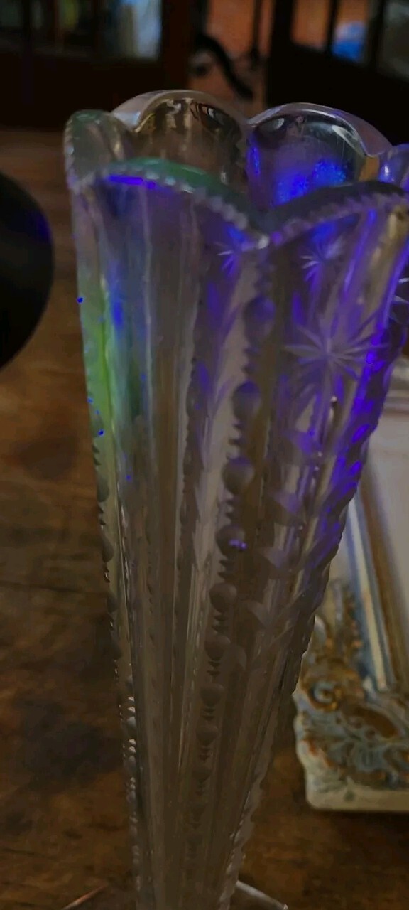 Antique Trumpet Vase Art Nouveau Cut Glass Etched Flower 10.5 In Glows A Bit