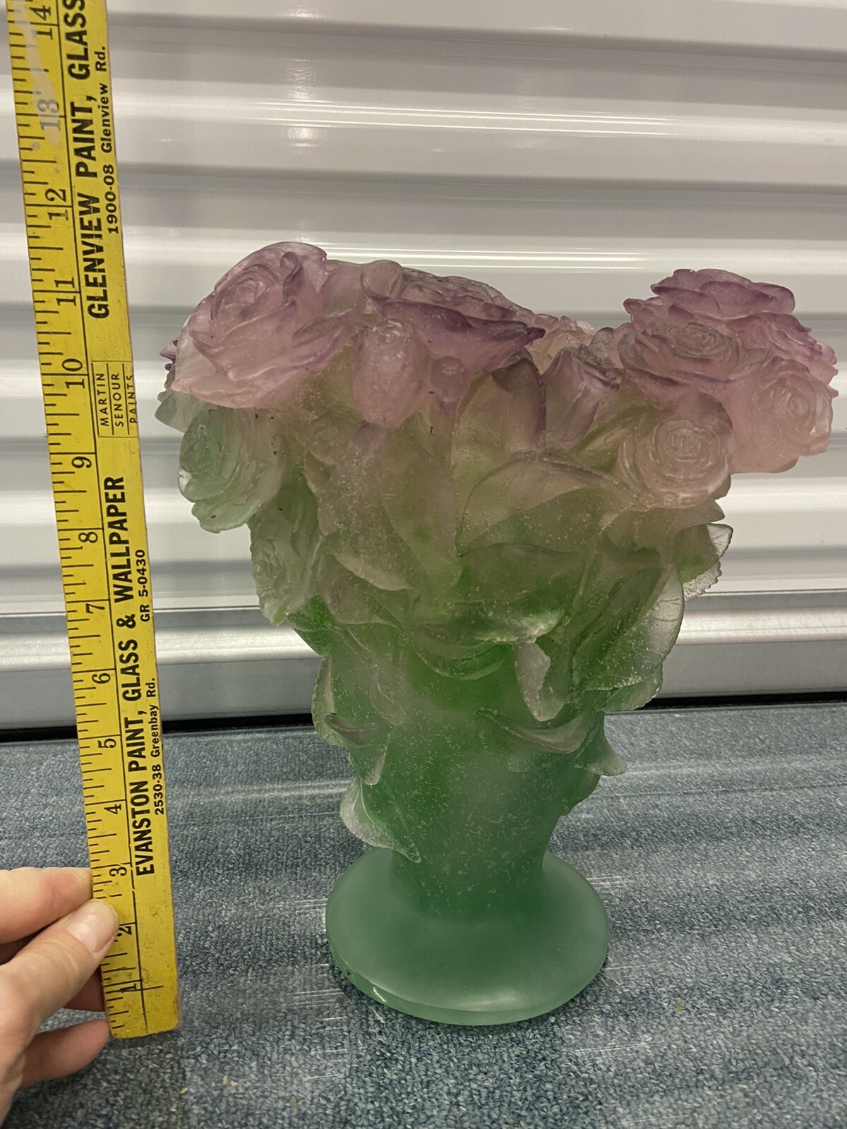 Daum France Pate De Vere Crystal “Roses” LARGE Vase 11.75” H Pink & Green RARE!