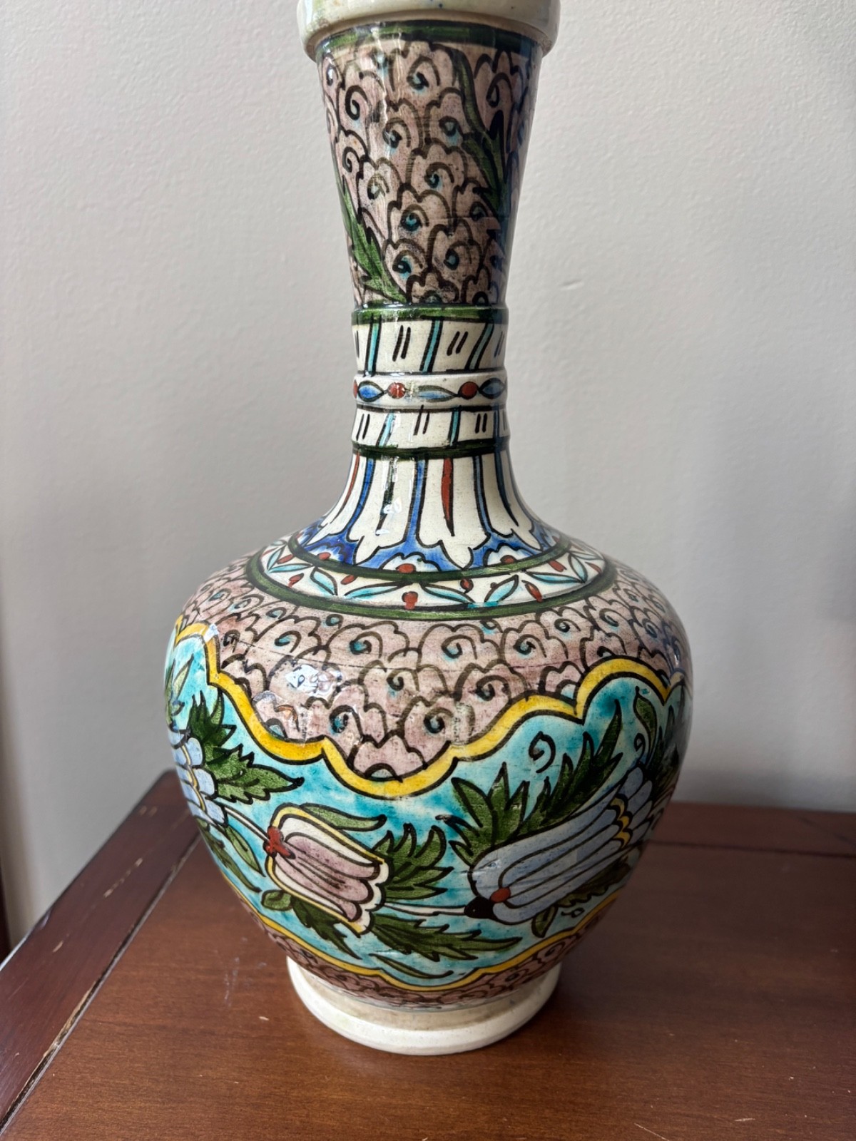 Vintage Kutahya Turkish Pottery Vase Handmade Hand Painted Blue Turquoise
