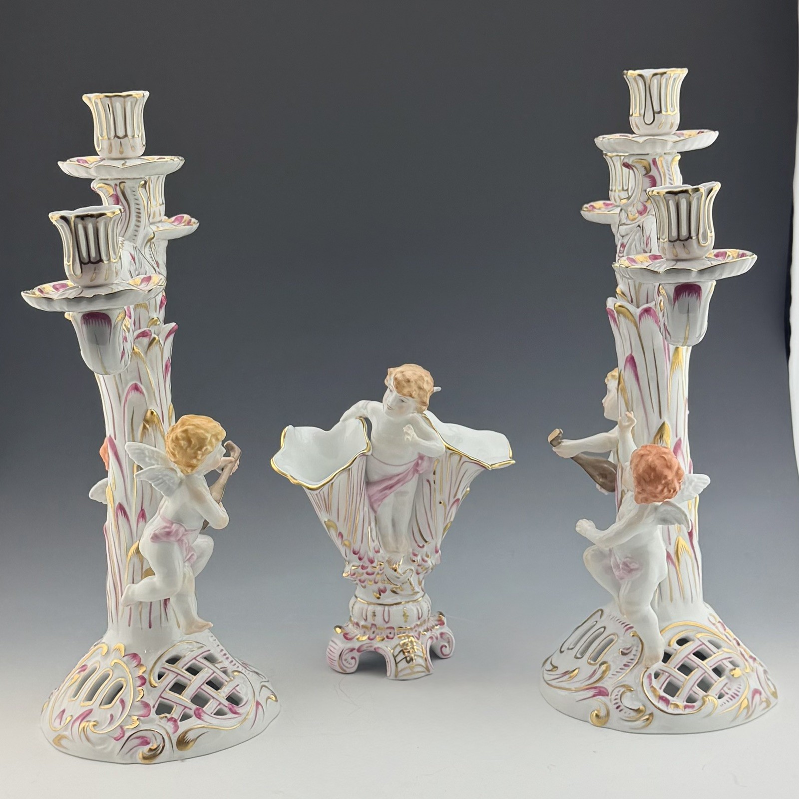 MINT! Stunning HEREND 3 Arm Baroque Candle Candelabra Pair & Vase