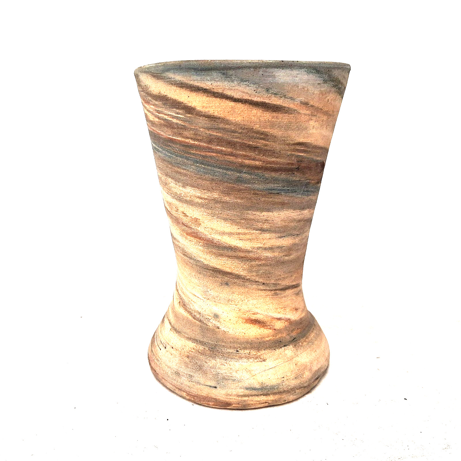 Studio Art Pottery Hourglass Vase Marbled Swirl Glaze Earth Tone Mission Style