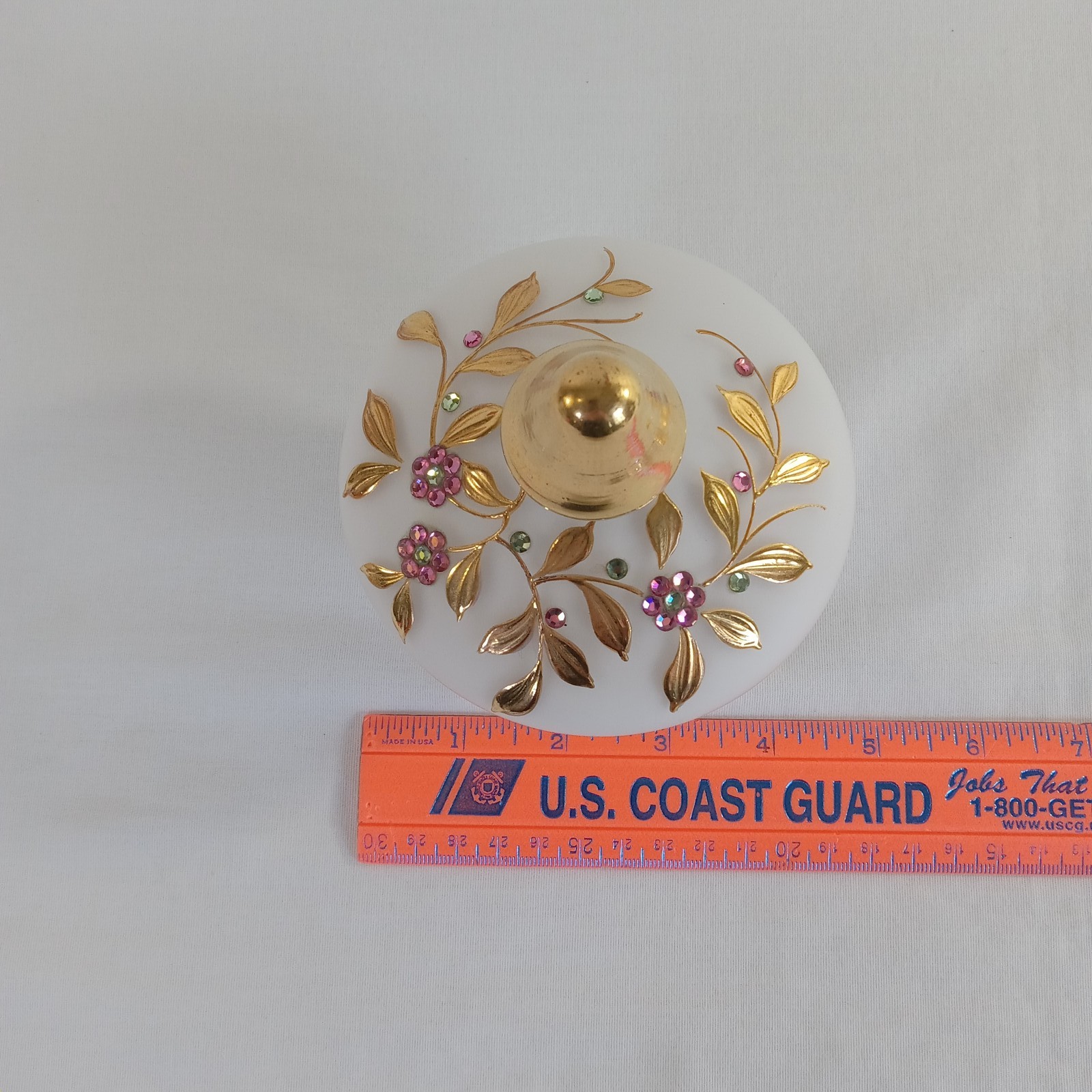 West Germany White Satin Glass Covered Trinket Box Dish Gold Gilt Rhinestones