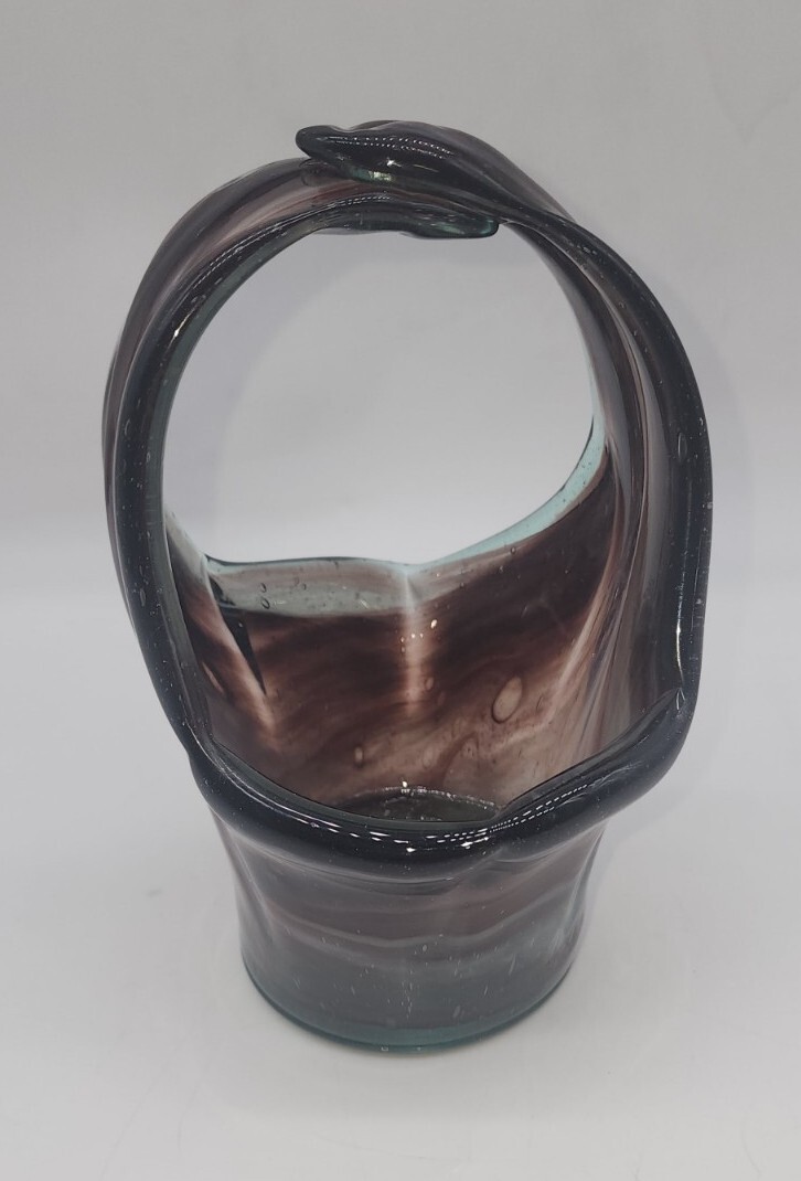 Murano Style Handblown Split Handled Amethyst Slag Swirled Glass Basket