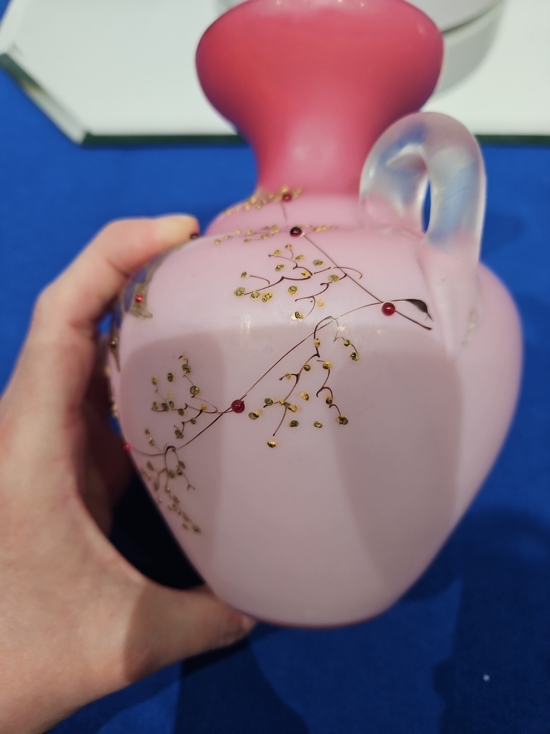 Art Glass Vase w/ handles Cased Pink white Peach Blow butterfly enamel victorian