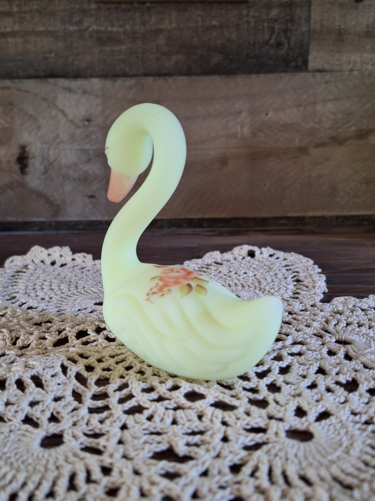 Fenton Roses On Custard Swan Uranium Glass UV Reactive Hand Painted Signed