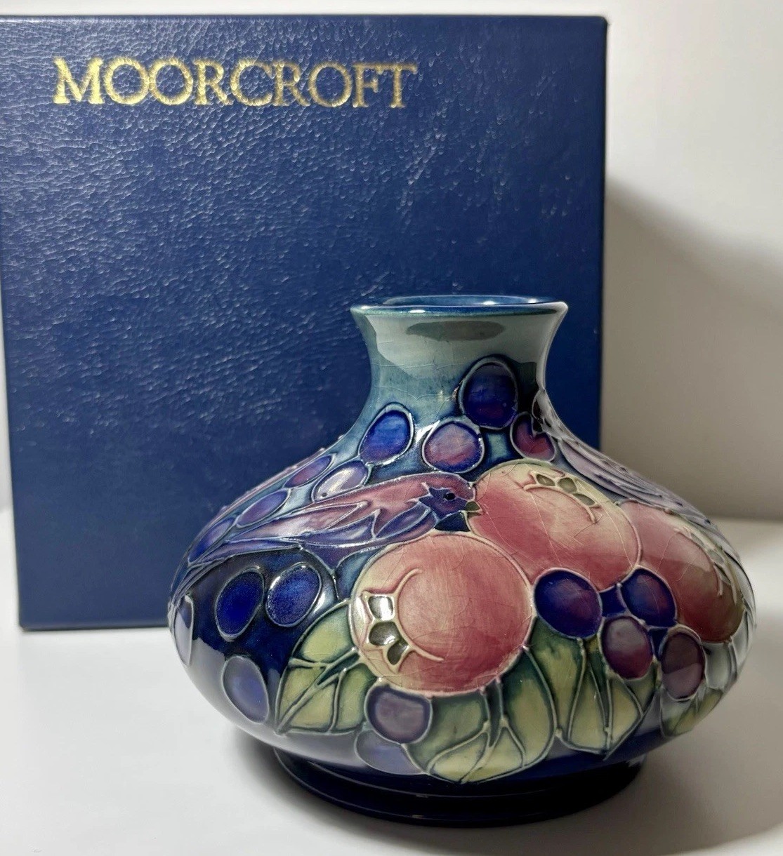 Moorcroft Squat Vase Finches & Fruit Blue Green 10.5cm Sally Tuffin 1993 Box