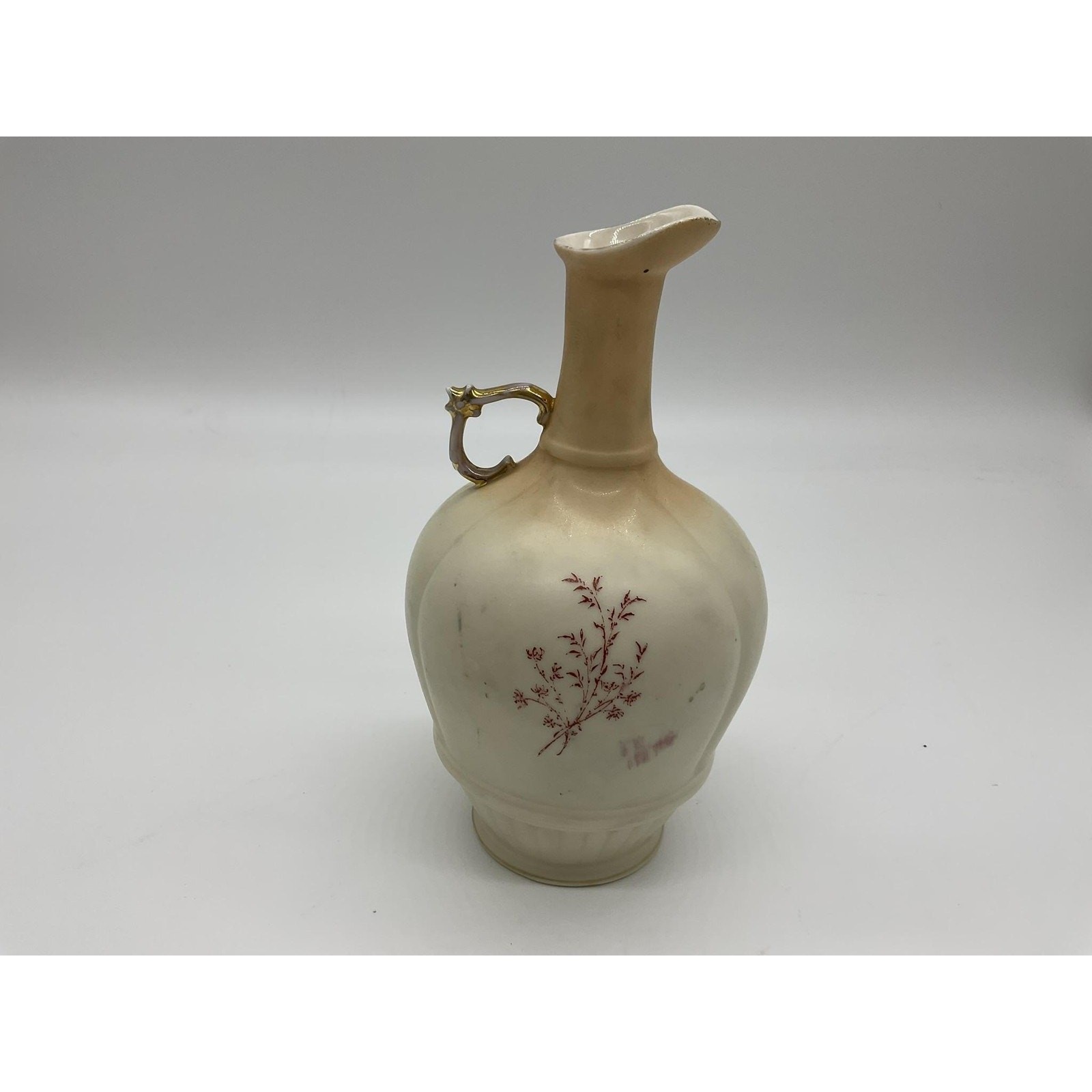 Vintage Hand Painted Porcelain Ewer Vase Floral Gold Handle 7in Decor Art