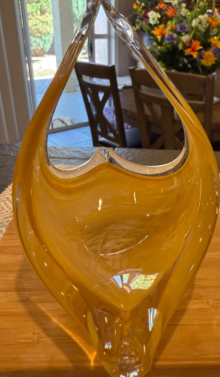Vintage Yellow Tones Handblown Stretched Glass Basket Candy Dish